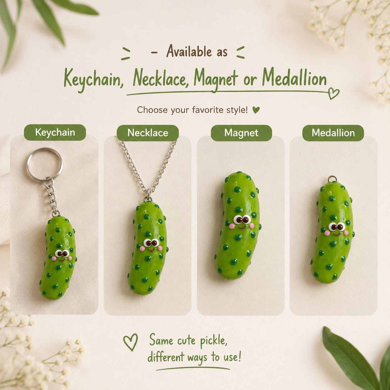 Handmade Polymer Clay Pickle Charm Keychain, Kawaii Bag Accessory