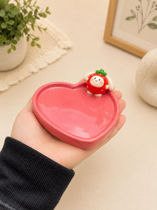 Strawberry Bunny Trinket Dish, Heart Shaped Jewellery Tray, Kawaii Ring Dish, Cute Polymer Clay Decor