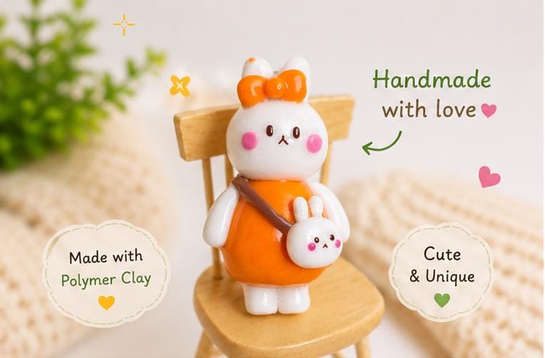 Handmade Polymer Clay Bunny Keychain: Kawaii Rabbit Accessory Bag Charm