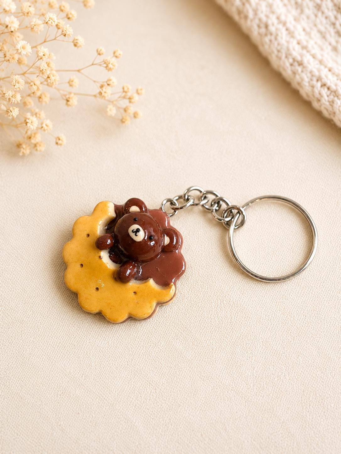Bear Cookie Charm, Handmade Polymer Clay Keychain