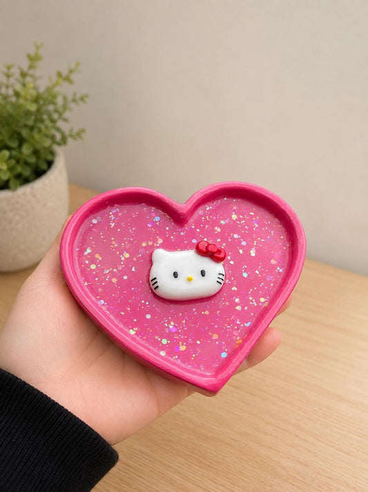 Pink Heart Kitty Trinket Dish, Glitter Jewellery Tray – handmade polymer clay gift by Lemonty Clay