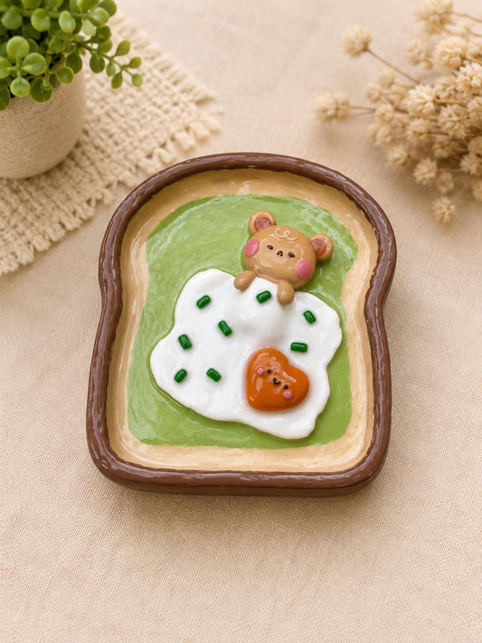 Toast Trinket Dish with Cute Bear, Kawaii Jewellery Tray, Polymer Clay Decor, Cute Ring Dish