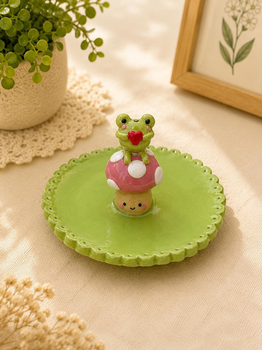 Frog & Mushroom Trinket Dish, Kawaii Jewellery Tray, Cute Ring Dish, Polymer Clay Decor, Frog Lover Gift
