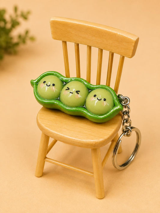 Pea Pod Keychain, Kawaii Three Peas Charm, Cute Polymer Clay Keyring, handmade