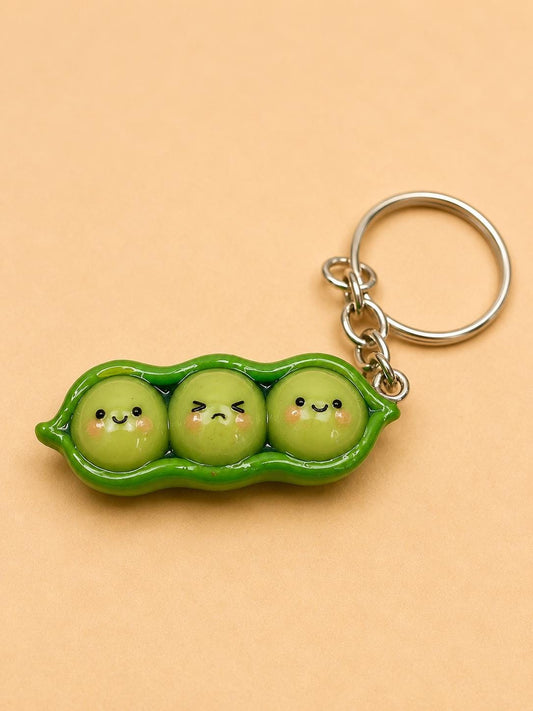 Pea Pod Keychain, Kawaii Three Peas Charm, Cute Polymer Clay Keyring, handmade