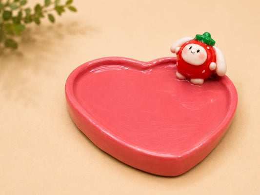 Strawberry Bunny Trinket Dish, Heart Shaped Jewellery Tray, Kawaii Ring Dish, Cute Polymer Clay Decor