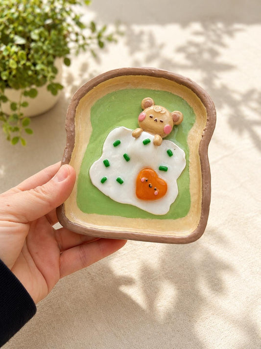 Toast Trinket Dish with Cute Bear, Kawaii Jewellery Tray, Polymer Clay Decor, Cute Ring Dish