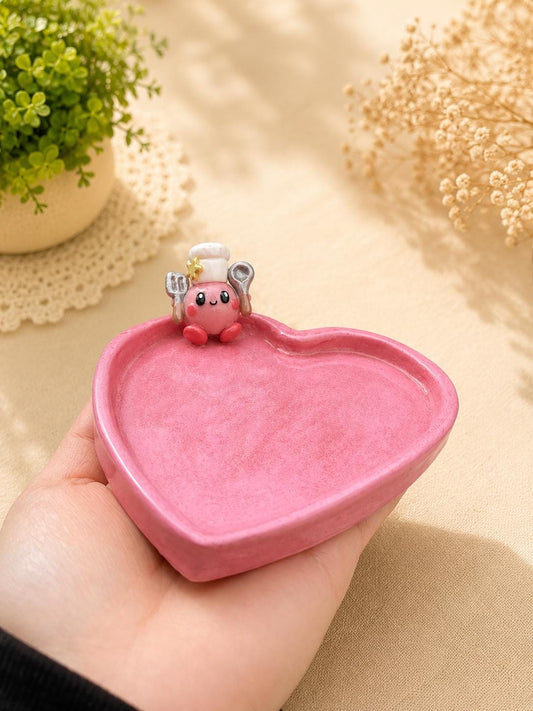 Pink Heart Trinket Dish with Cute Chef Charm | Kawaii Jewellery Tray | Ring Dish | Cute Gift